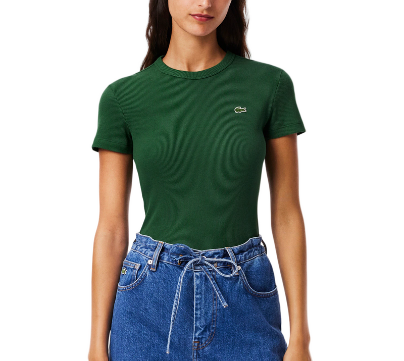 Lacoste Womens Slim Fit Ribbed Cotton Short Sleeve T-Shirt