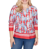 Alfred Dunner Womens Mosaic Fish Split Beaded Neck Top