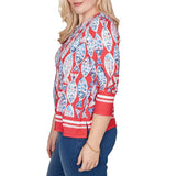Alfred Dunner Womens Mosaic Fish Split Beaded Neck Top