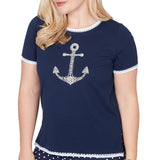 Alfred Dunner Womens Pearl Anchor Graphic Short Sleeve T-Shirt