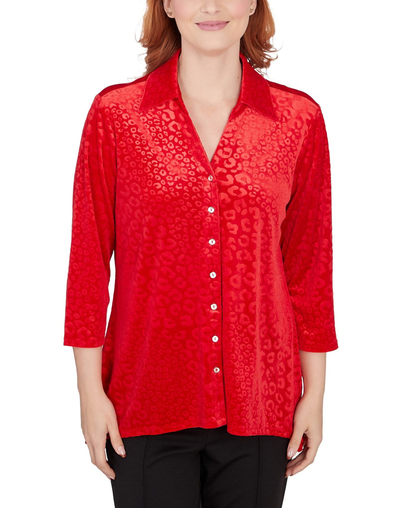 Ruby Rd. Womens Leopard Embossed Velour Button-Front Top