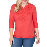 Alfred Dunner Womens Tonal Embroidered Split Neck Top