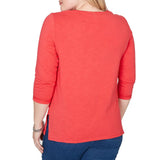 Alfred Dunner Womens Tonal Embroidered Split Neck Top