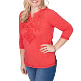 Alfred Dunner Womens Tonal Embroidered Split Neck Top