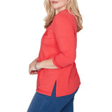 Alfred Dunner Womens Tonal Embroidered Split Neck Top