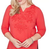 Alfred Dunner Womens Tonal Embroidered Split Neck Top