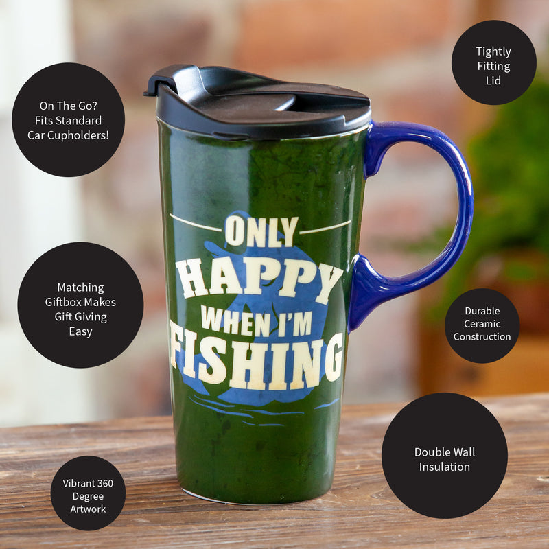 Evergreen Only Happy When I'm Fishing Ceramic Travel Cup with Box - 17 oz.