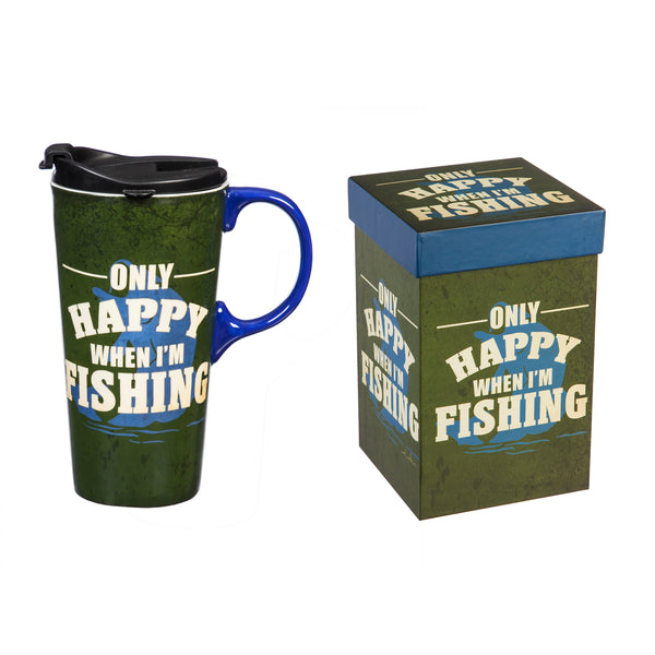 Evergreen Only Happy When I'm Fishing Ceramic Travel Cup with Box - 17 oz.