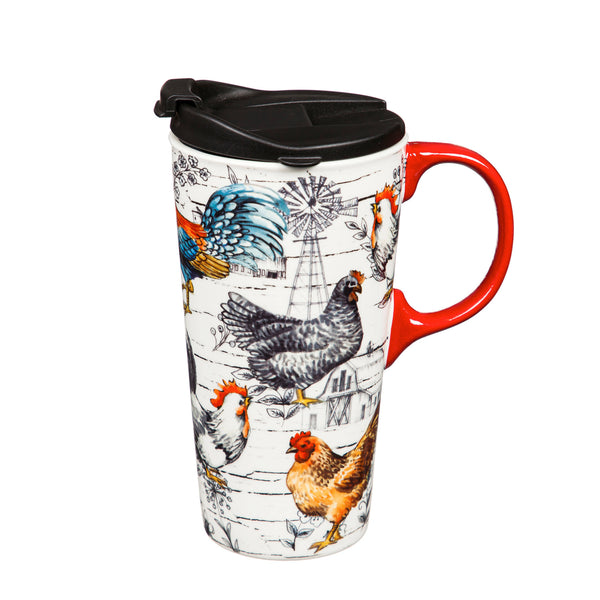 Evergreen Chicken Collage Ceramic Travel Cup with Box - 17 oz.