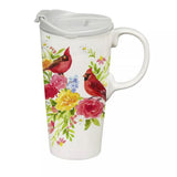 Evergreen Cardinals and Wreath Ceramic Travel Mug