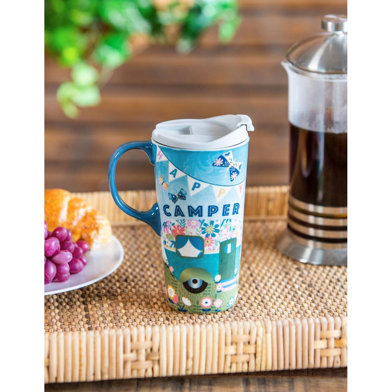 Evergreen Happy Camper Ceramic Travel Mug