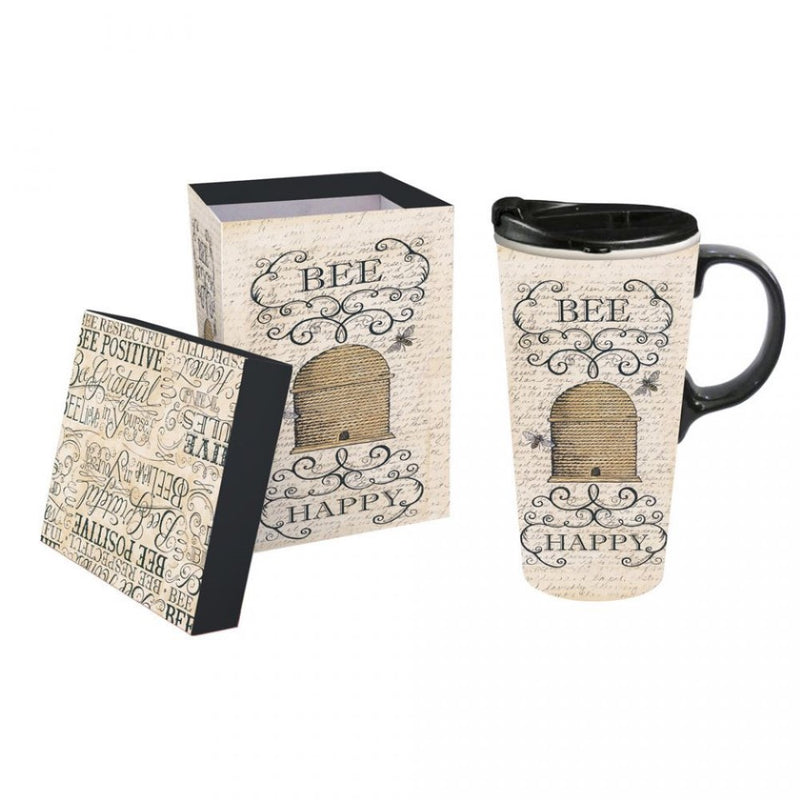 Evergreen "Bee Happy" Ceramic Travel Mug