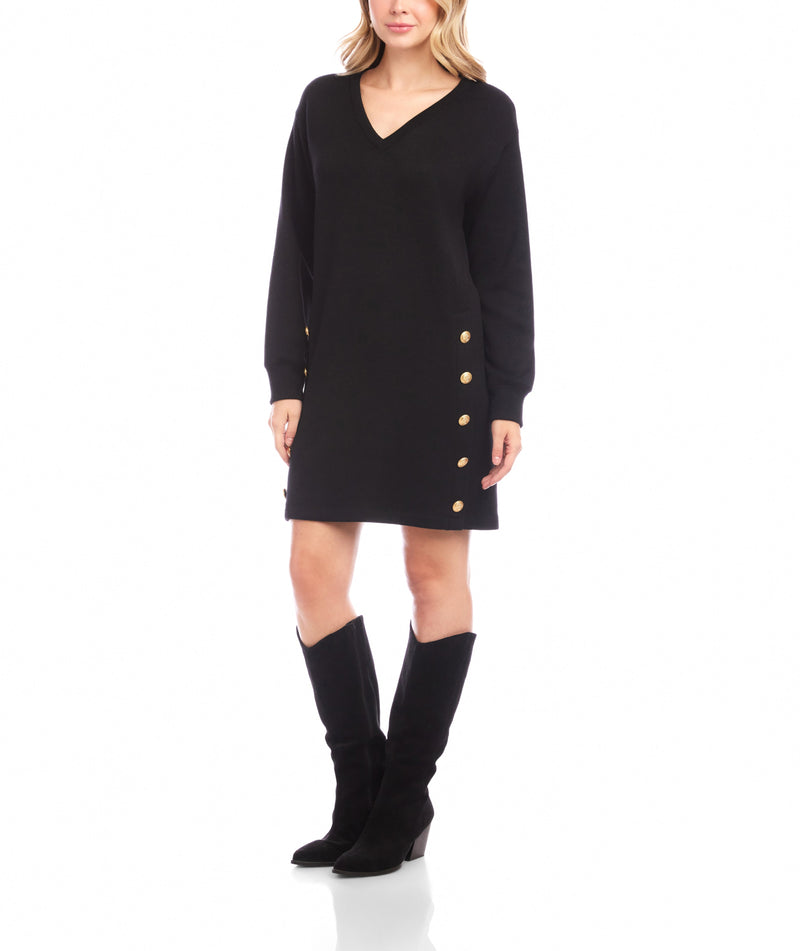 Karen Kane Womens V-Neck Button Detail Long Sleeve Dress