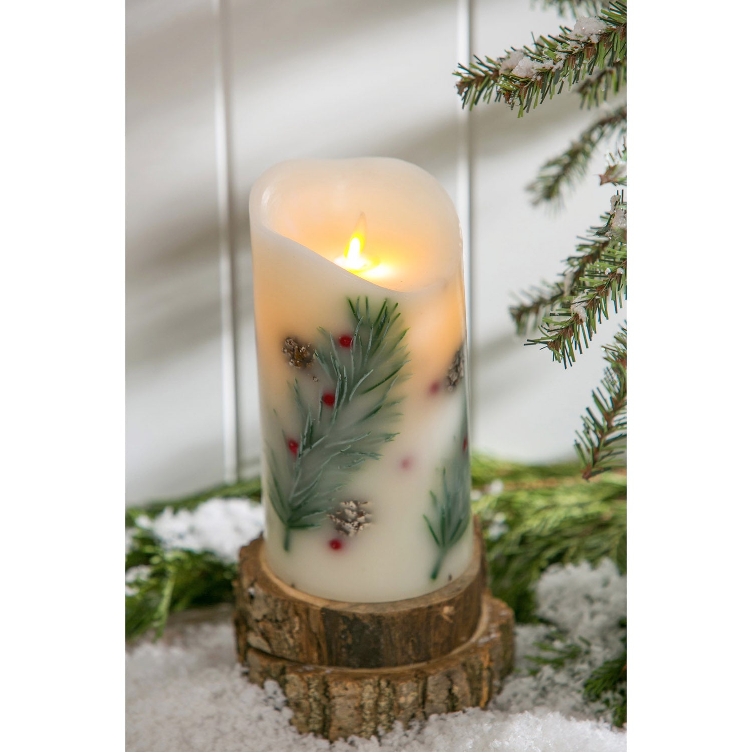 Evergreen Pine Branch LED Pillar Candle