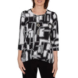 Alfred Dunner Womens Geo Boxes Puff Printed Top With Necklace