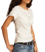Lucky Brand Womens Cutwork Henley Short Sleeve T-Shirt