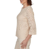 Alfred Dunner Womens Floral Crochet Lined Knit Top