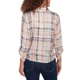 LS ROLL TAB PAINTED PLAID TIE FRT BLOUSE