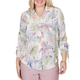 Alfred Dunner Womens Tropical Button Front Tie Sleeve Top