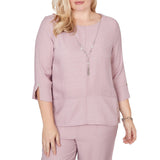 Alfred Dunner Womens Textured Spliced Rose Top with Necklace