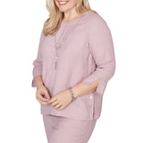 Alfred Dunner Womens Textured Spliced Rose Top with Necklace