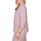 Alfred Dunner Womens Textured Spliced Rose Top with Necklace