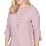 Alfred Dunner Womens Textured Spliced Rose Top with Necklace