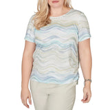 Alfred Dunner Womens Wavy Biadere Side Tie Ruched Short Sleeve T-Shirt