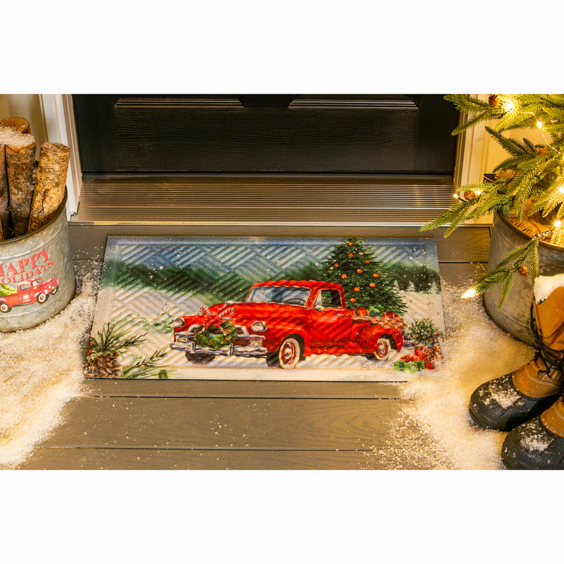 Evergreen Christmas Farm Pickup Embossed Floor Mat