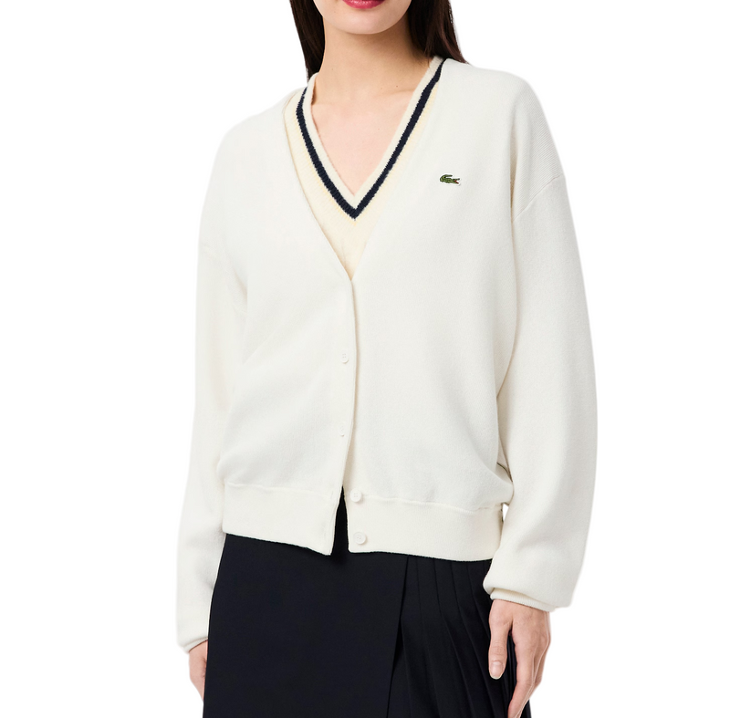 Lacoste Womens V-Neck Moss Stitch Cotton Cardigan