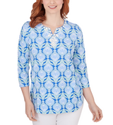 Ruby Rd. Womens Embellished Foulard Print Split Round Neck 3/4 Sleeve Knit Top