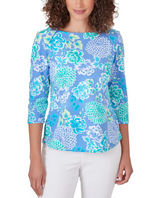 Ruby Rd. Womens Bali Blue Chrysanthemum Knit Top