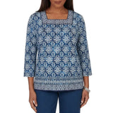 Alfred Dunner Womens Batik Tile Square Neck Top