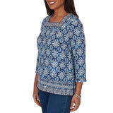Alfred Dunner Womens Batik Tile Square Neck Top