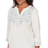 Ruby Rd. Womens Medallion Embroidered Ruched Henley Top