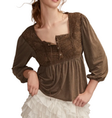 Lucky Brand Womens Embroidered Yoke Square Neck Top