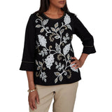 Alfred Dunner Womens Scroll Leaf Embroidered Top