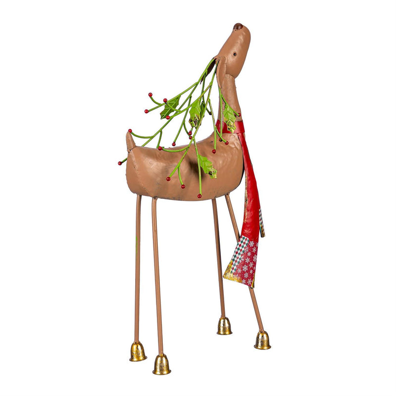 Evergreen Holiday Poinsettia Red Scarf Deer Metal Garden Statue