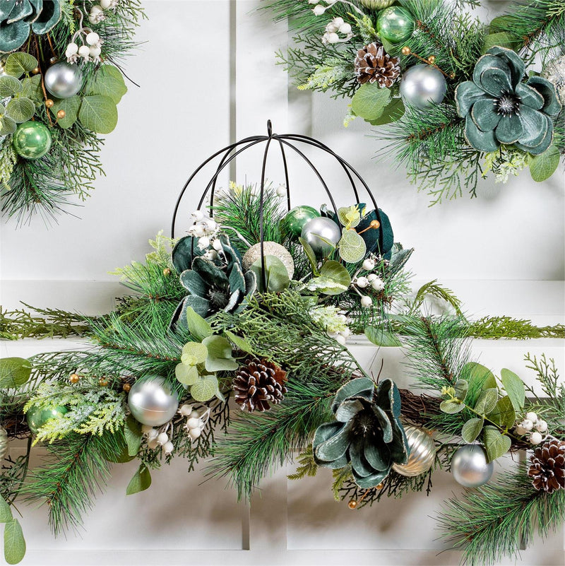 Evergreen Shades of Green Artificial with Metal Orb and Ornaments Hanging Decor