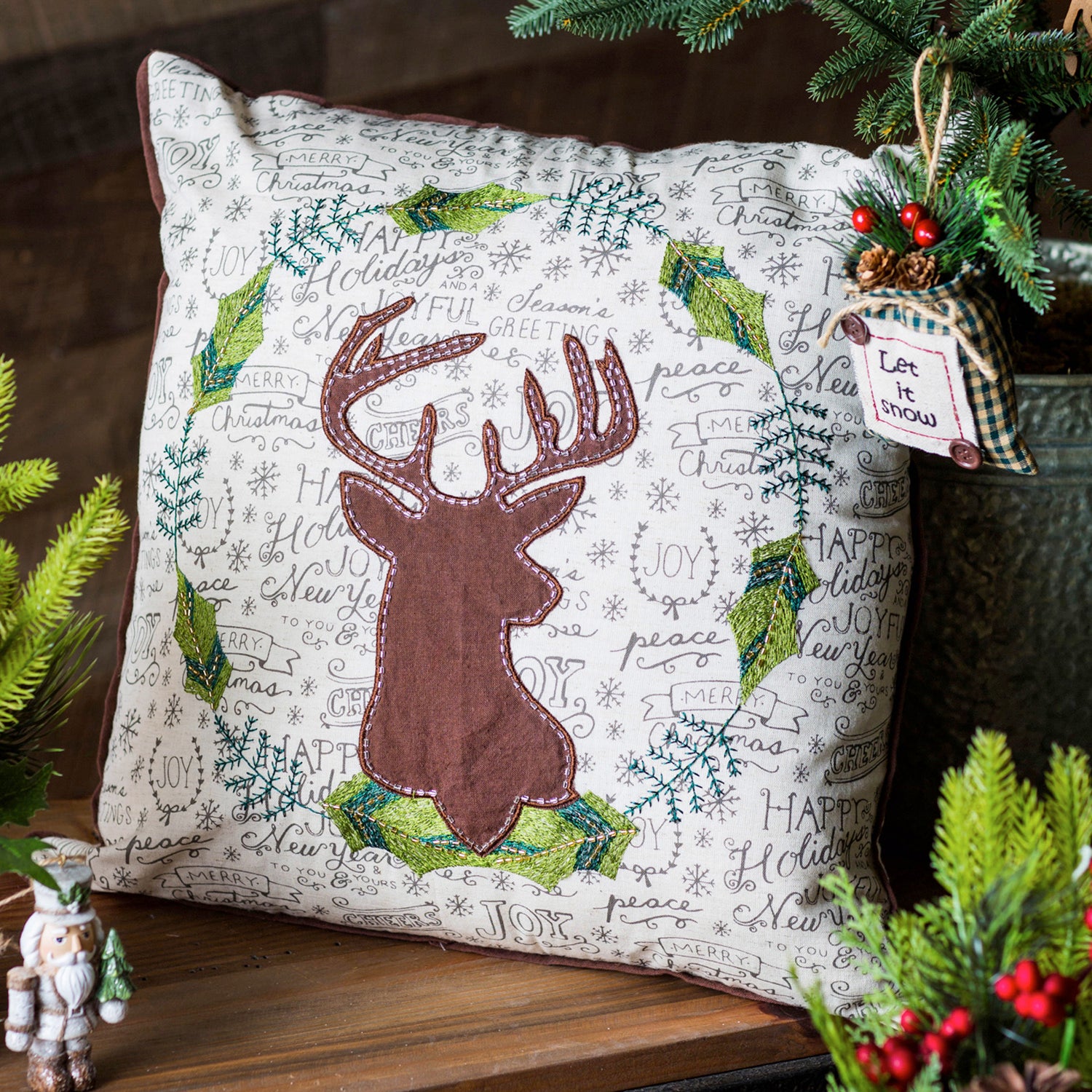 Evergreen Holiday Deer Square Pillow