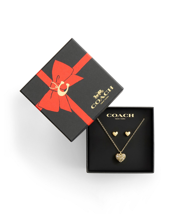 COACH Gold Pavé Heart Necklace & Earrings Boxed Jewelry Set
