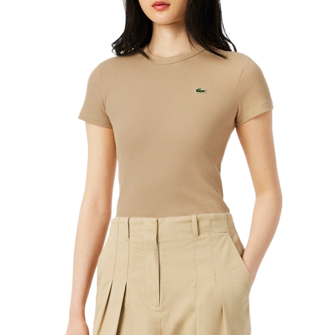 Lacoste Womens Slim Fit Ribbed Cotton Short Sleeve T-Shirt