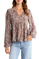 Lucky Brand Womens Long Sleeve Paisley Print Mix Peasant Top