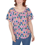 Ruby Rd. Womens Diamond Ikat Ruffle Sleeve Print Top