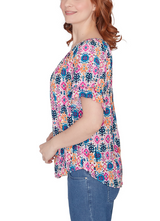 Ruby Rd. Womens Diamond Ikat Ruffle Sleeve Print Top