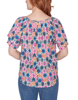 Ruby Rd. Womens Diamond Ikat Ruffle Sleeve Print Top