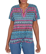 Ruby Rd. Womens Batik Stripe Print Knit Ring Detail Split V-Neck Short Sleeve Tie-Front Top