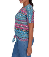 Ruby Rd. Womens Batik Stripe Print Knit Ring Detail Split V-Neck Short Sleeve Tie-Front Top