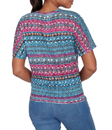 Ruby Rd. Womens Batik Stripe Print Knit Ring Detail Split V-Neck Short Sleeve Tie-Front Top