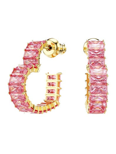 Swarovski Matrix Hoop Earrings - Baguette Cut, Heart, Small, Pink, Gold-Tone Plated